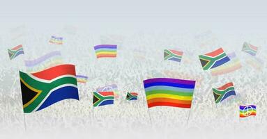 personas ondulación paz banderas y banderas de sur África. ilustración de multitud celebrando o protestando con bandera de sur África y el paz bandera. vector