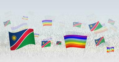 People waving Peace flags and flags of Namibia. Illustration of throng celebrating or protesting with flag of Namibia and the peace flag. vector