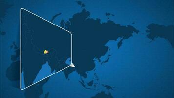 ubicación de Bután en el mundo mapa con engrandecido mapa de Bután con bandera. vector