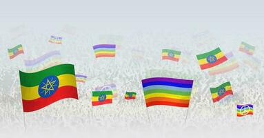 People waving Peace flags and flags of Ethiopia. Illustration of throng celebrating or protesting with flag of Ethiopia and the peace flag. vector