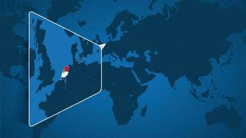 ubicación de Países Bajos en el mundo mapa con engrandecido mapa de Países Bajos con bandera. vector