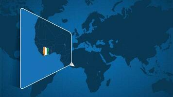 Location of Ivory Coast on the World Map with Enlarged Map of Ivory Coast with Flag. vector