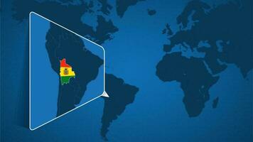 ubicación de bolivia en el mundo mapa con engrandecido mapa de bolivia con bandera. vector