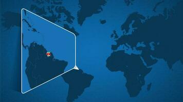 ubicación de Surinam en el mundo mapa con engrandecido mapa de Surinam con bandera. vector