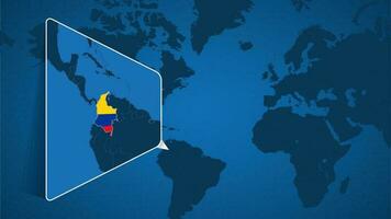 ubicación de Colombia en el mundo mapa con engrandecido mapa de Colombia con bandera. vector