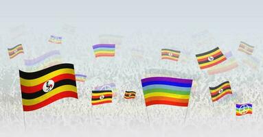 People waving Peace flags and flags of Uganda. Illustration of throng celebrating or protesting with flag of Uganda and the peace flag. vector