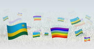 People waving Peace flags and flags of Rwanda. Illustration of throng celebrating or protesting with flag of Rwanda and the peace flag. vector