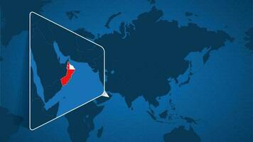 ubicación de Omán en el mundo mapa con engrandecido mapa de Omán con bandera. vector