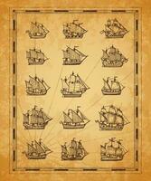 Vintage map sail ships, sailboat, brigantine vector