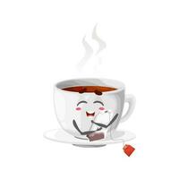 alegre taza personaje con té bolsa, linda jarra vector