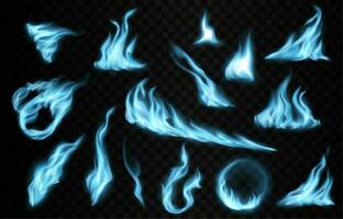 Blue gas fire trails and flames, realistic flames vector