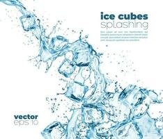 Blue water wave cascade splashes and ice cubes vector