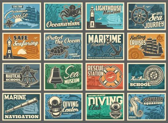 Nautical retro posters, anchor, lighthouse and sea