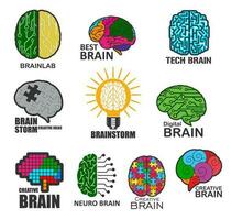 Neuro tech brain, brainstorm and brain lab icons vector