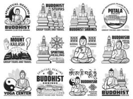 Tibetan travel tours, Buddhism meditation icons vector