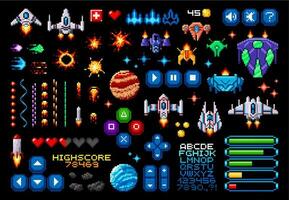 8 bits píxel Arte juego activo, espacio planetas, cohetes vector