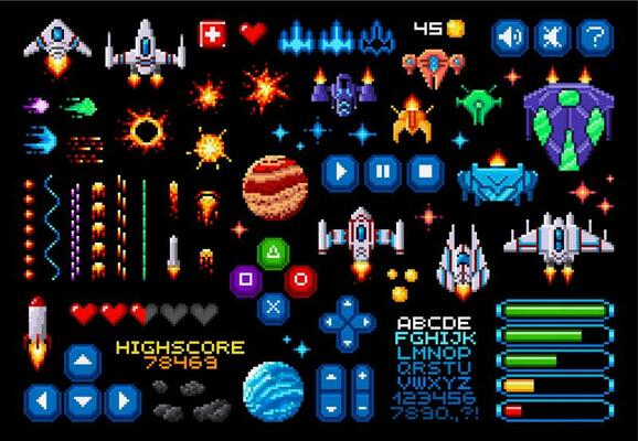 8bit pixel art game asset, space planets, rockets