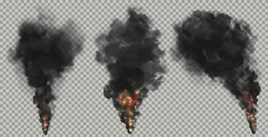 Black smoke and fog clouds with fire flames, smog vector