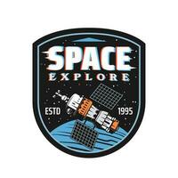 Space explore icon, station with universe planet vector