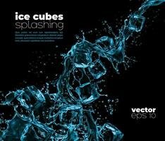 Blue water wave and cascade splash with ice cubes vector
