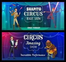 shapito circo dibujos animados malabarista, mago, acróbata vector
