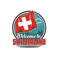Switzerland travel icon with Swiss flag and Alps vector