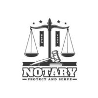 Notary service retro icon with scales and gavel vector