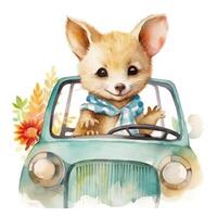 linda acuarela bebé animal en coche. ilustración ai generativo foto