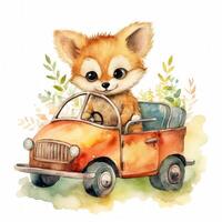 Cute watercolor baby animal in car. Illustration photo