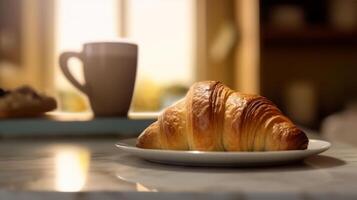 Morning coffee with croissant. Illustration AI Generative photo