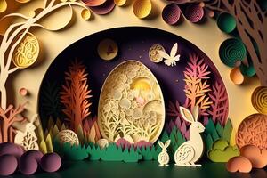 paper cut quilling multi dimensional easter egg in easter celebration, a lot of egg and small rabbit in background. Spring concept. photo