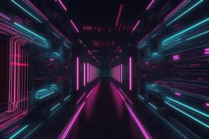 Abstract neon lights into digital technology tunnel. Futuristic technology abstract background with lines for network, big data, data center, server, internet, speed. technology photo