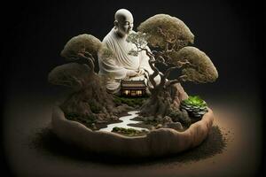 Miniature desk zen sandbox with Monk figure sit in Lotus position, stacked zen sea stones, brown elephant figurines, spa candles burning against dark studio background, copy space. photo