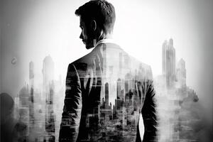 The double exposure image of the business man standing back overlay with cityscape image. The concept of modern life, business, city life and internet of things. photo