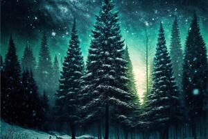 christmas decorated green spruce trees in winter forest, Abstract fantasy festive christmas tree background header wallpaper, winter abstract landscape. Sunlight in the winter forest. Generative AI photo
