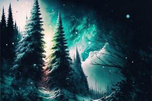 christmas decorated green spruce trees in winter forest, Abstract fantasy festive christmas tree background header wallpaper, winter abstract landscape. Sunlight in the winter forest. photo