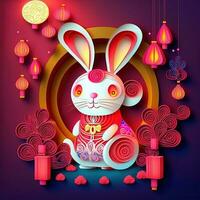 Paper cut quilling multidimensional chinese style cute zodiac rabbit with lanterns, blossom peach flower in background, chinese new year. Lunar new year 2023 concept photo