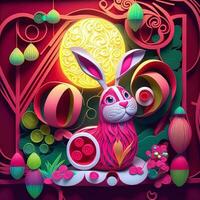 Paper cut quilling multidimensional chinese style cute zodiac rabbit with lanterns, blossom peach flower in background, chinese new year. Lunar new year 2023 concept photo