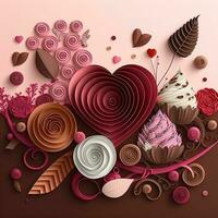 Paper cut quilling multidimensional valentine day with heart, flower and chocolate on pink background. Valentine day concept photo