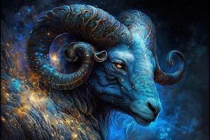 Backdrop of sacred zodiac Aries symbols, astrology, alchemy, magic, sorcery and fortune telling. digital painting. Zodiac sign Aries on the starry sky close up photo