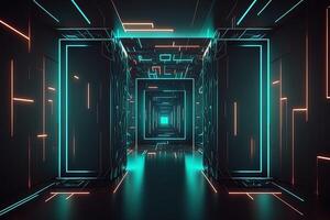Abstract neon lights into digital technology tunnel. Futuristic technology abstract background with lines for network, big data, data center, server, internet, speed. technology photo