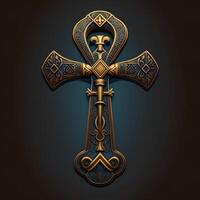 Ancient golden ankh symbol isolated on dark background. Illustration of an Egyptian cross in digital form. The ancient Egyptians used the Ankh as a symbol for eternal life. photo