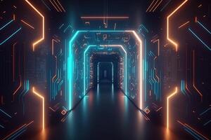 Abstract neon lights into digital technology tunnel. Futuristic technology abstract background with lines for network, big data, data center, server, internet, speed. technology photo