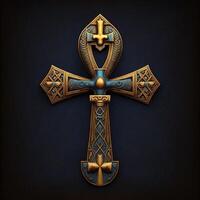 Ancient golden ankh symbol isolated on dark background. Illustration of an Egyptian cross in digital form. The ancient Egyptians used the Ankh as a symbol for eternal life. photo