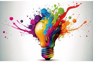 illustration of colorful bulb with splash of colors on white background. Creativity, eureka, imagination, inspiration. Generative AI. Idea and solution concept photo