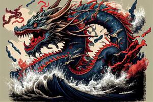 A highly detailed image of powerful dragon showing their full body, the character style will represent japan or Asian. Illustration of ancient asian dragon on black background. photo