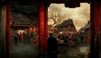 Ancient Chinese village, Chinese New Year, peach flower blossom, multi firework in the sky, bustling market, withered trees. Happy new year concept. Generate AI photo