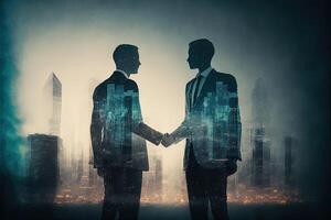 The double exposure image of two business man shaking hand with cityscape image. The concept of modern life, business, city life and internet of things. photo