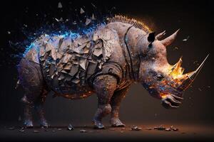 fusion of metal Rhino exploding through fire surrounded by scattered glass shards and debris, cosmic energy photo