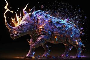 fusion of metal Rhino exploding through fire surrounded by scattered glass shards and debris, cosmic energy photo